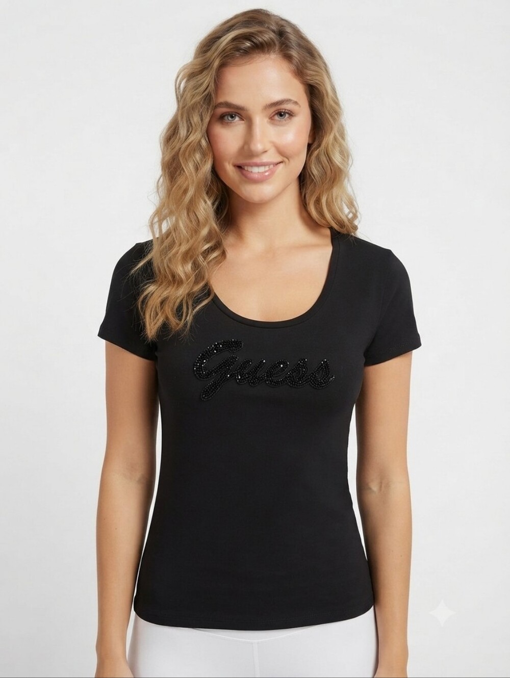 GUESS Black Scoop Neck Logo Tee Sz L